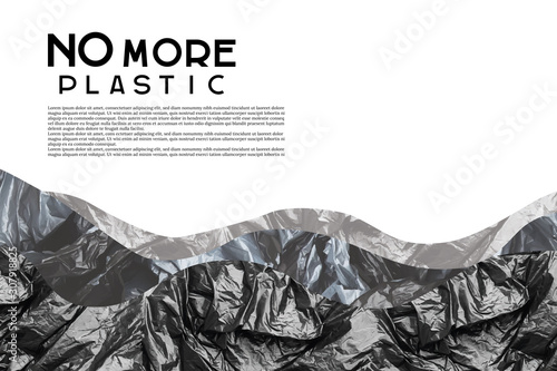 Black plastic waves. Poster template. Concept of saving the environment and plastic pollution of the world ocean