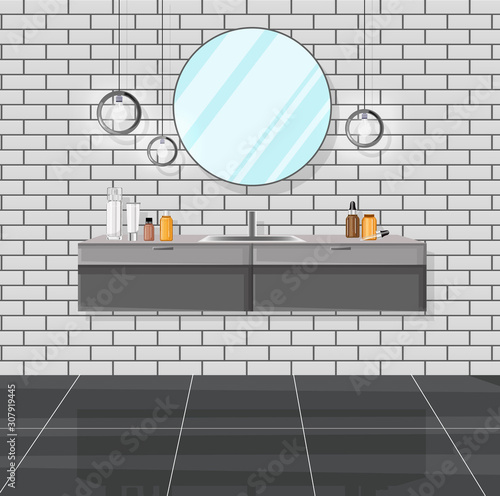 Modern bathroom with sink, mirror and various cosmetic products. Interior Vector