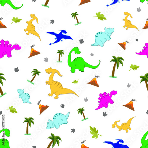Pattern of multi-colored dinosaurs on the background of volcanoes and palm trees.