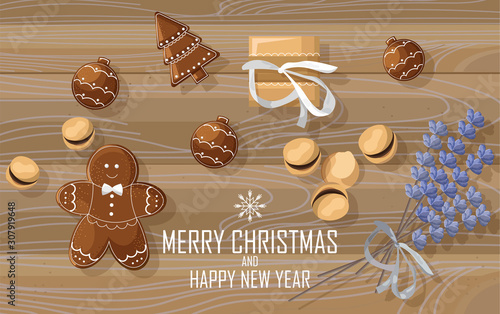 Christmas sweets composition with gingerbread cookies, lavender flowers decor...