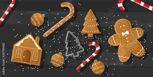 Christmas sweets composition with gingerbread cookies, lavender flowers decor...