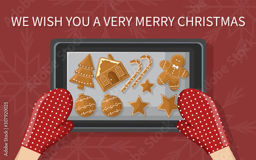 Woman hands with red baking gloves holding freshly baked gingerbread cookies. Snowflakes on background. Holiday vector