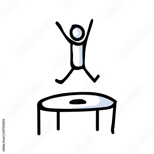 Hand Drawn Stick Figure Jumping on Trampoline. Concept Physical Exercise. Simple Icon Motif for Trapmolining Stickman Pictogram. Energy, Movement, Sport, Gym Bujo Illustration. Vector EPS 10.