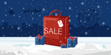 Christmas red bag with sale written. Blue gift boxes on snow. Holiday vector