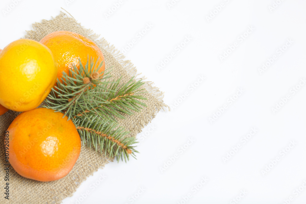 Mandarins are folded in a pyramid. Between them are branches of blue spruce. On white background. Mandarins are folded in a pyramid. Between them are branches of blue spruce. On white background.