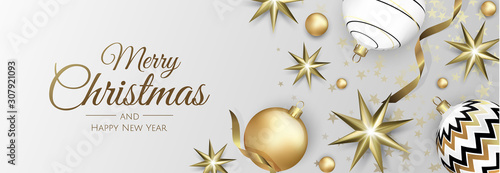 Christmas greeting card with Christmas balls , snowflake and confetti.
