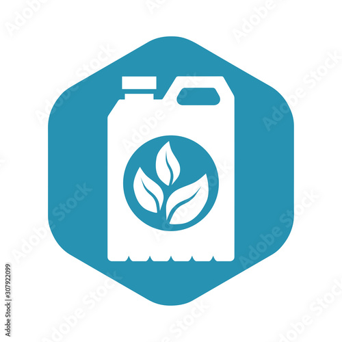 The fertilizer icon in the canister. Liquid container to improve growth and increase yield, used in horticulture and agriculture. Vector illustration isolated on white background in simple style.