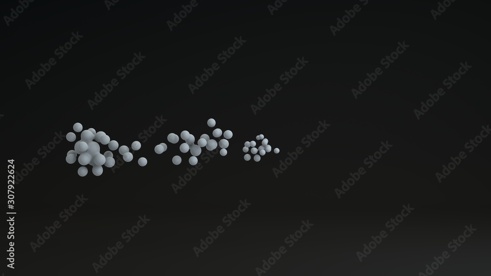 3D illustration of many drops of white color in a dark space. The droplets are scattered and compressed, fused and disintegrating. 3D rendering for abstract compositions, futuristic background.