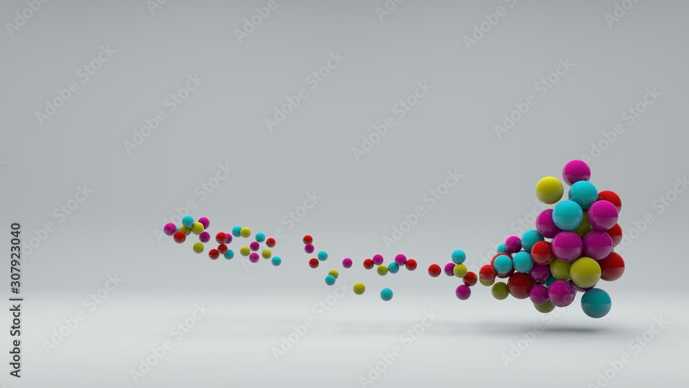 3D illustration of many colored balls of different sizes on a white background. Vitamins in space, a burst of laughter and energy. Abstract composition, 3D rendering