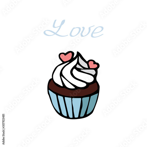 Cake with cream and two hearts isolated on white background. Hand drawn illustration with lettering word Love.