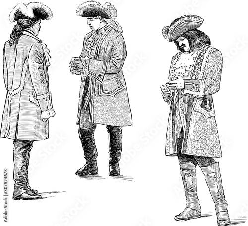 Sketches of gentelmen in vintage costumes of 18th century