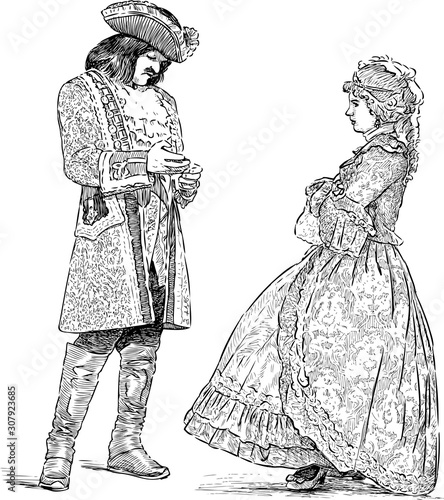 Sketches of lady and gentlemen in luxury historical costumes standing and conversating