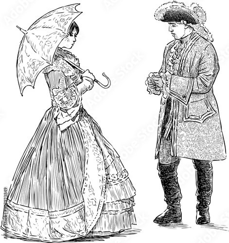Sketches of people couple in luxury clothing of 18th century standing and conversating photo
