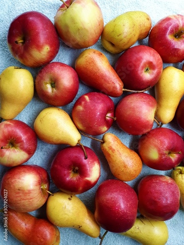 close-up of apples and pears
