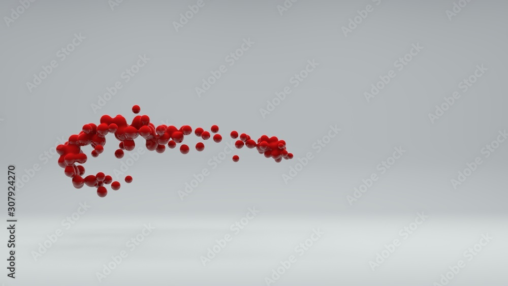 3D illustration of a set of red balls in space on a white background. Balls merge and disintegrate. Abstract image, 3D rendering. Idea for screensavers and abstract design.