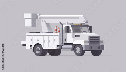 Vector utility truck. Isolated aerial bucket truck. Cherry picker. Flat illustration