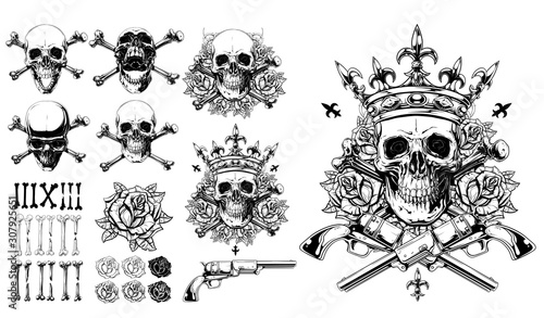 Graphic detailed black and white human skulls in crown with bones, roses and revolver. Isolated on white background. Big vector icon set.