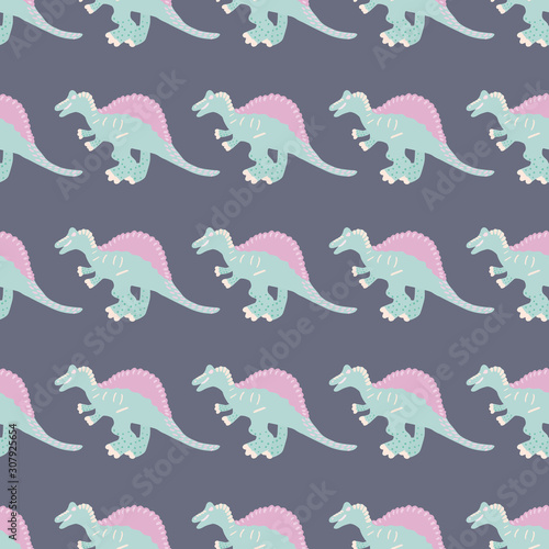 Cute turquoise dinosaur simple seamless pattern on grey.