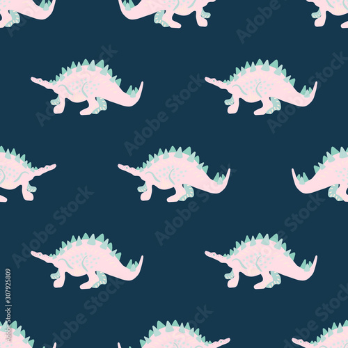 Pink girl dinosaur seamless pattern on blue.