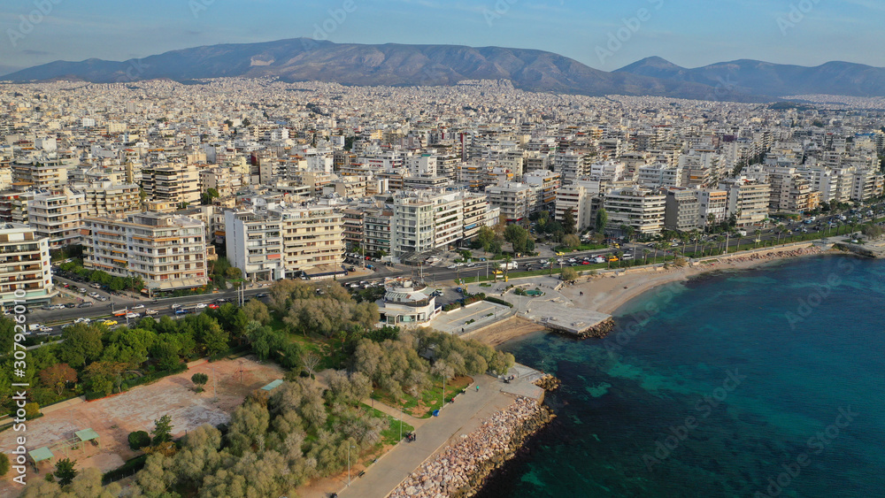 Aerial drone photo of Floisvos or Flisvos a seaside famous area of South Athens riviera, Attica, Greece