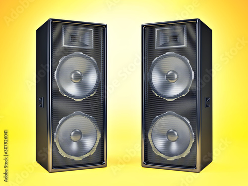 Two big soundsystem speakers in black glossy material, on yellow background