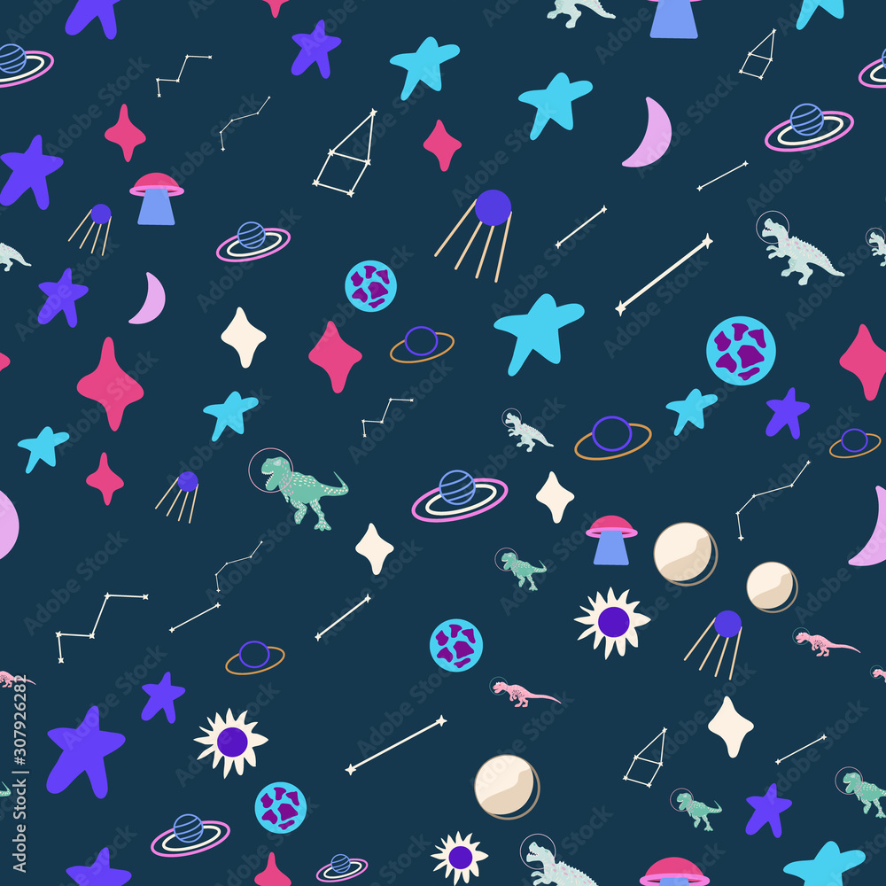 Dinosaur astronauts seamless pattern on blue. Dinosaur astronauts seamless pattern on blue.
