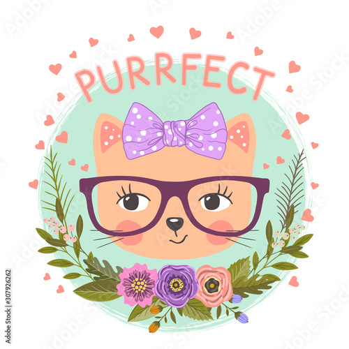 Cute cat girl face with flowers, glasses, bow. Cartoon vector illustration