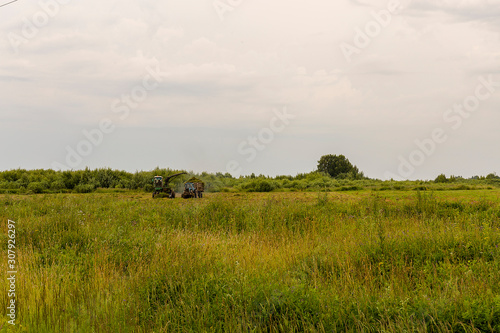 Natural scenery. A large wild meadow has a forest on the horizon. The weather is summer and cloudy. Ivanovo region, Russia.