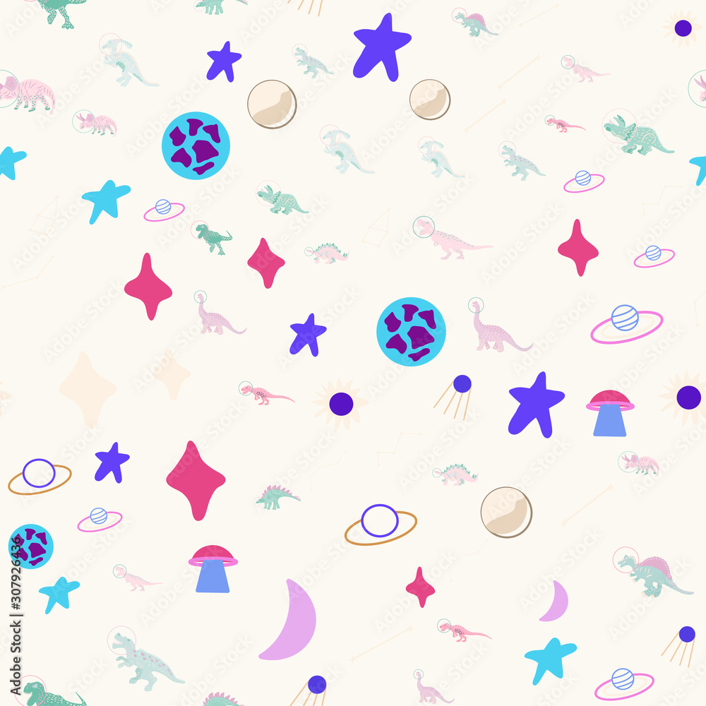 Obraz premium Space dino seamless pattern on cream color.