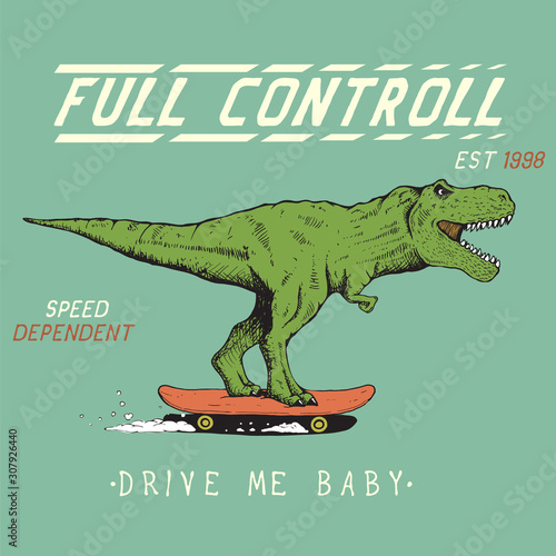 Funny tyrannosaur rides on skateboard