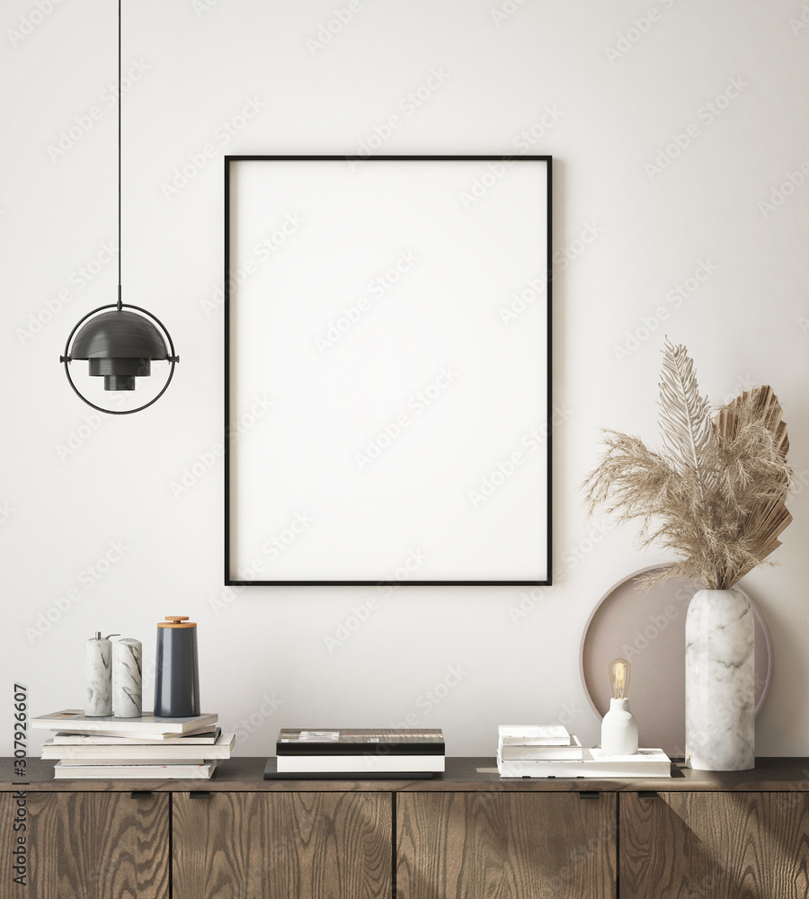 Fototapeta mock up poster frame in modern interior background, living room, Scandinavian style, 3D render, 3D illustration