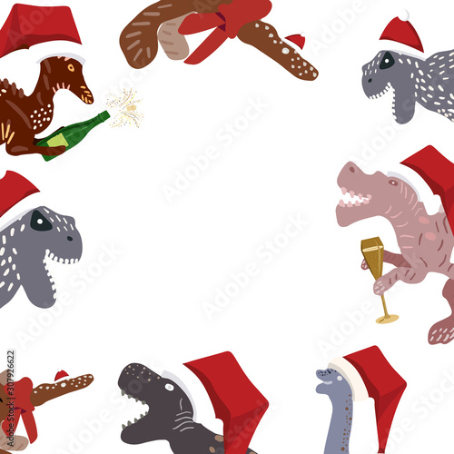 Christmas Dinosaurs with santa hats and Champagne border on white.