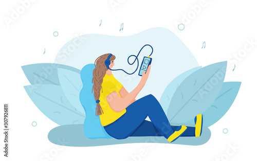 Podcast vector concept. Girl with audio stuff.