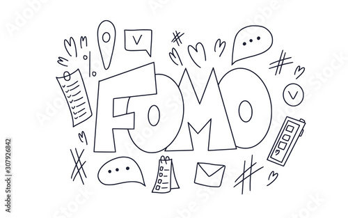 Fomo vector hand drawn text. Stylized word.