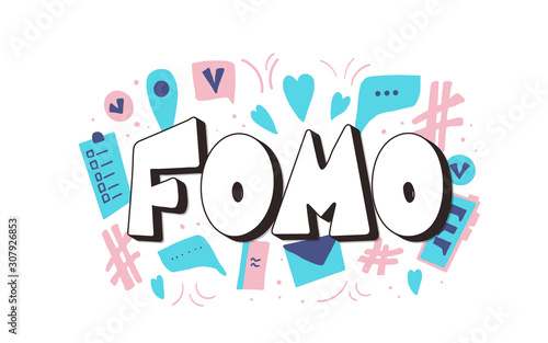 Fomo vector hand drawn text. Stylized word.