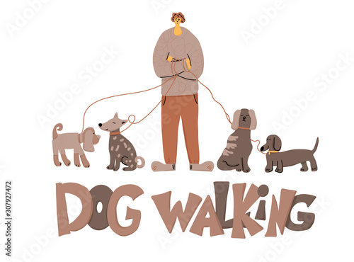 Dog walking. Human person with dog. Vector design.