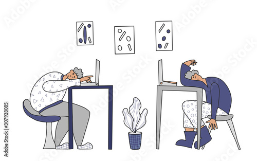Tired person sitting and sleeping. Vector design.