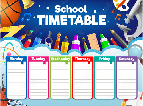 Colorful school timetable, weekly schedule with supplies and student items