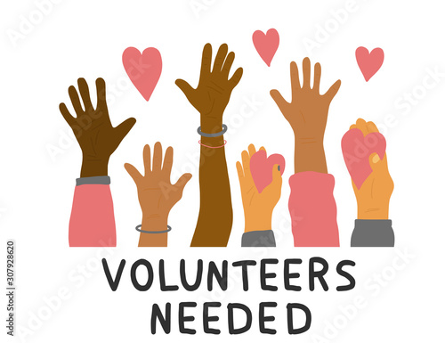 Volunteers hands up concept. Vector simple design
