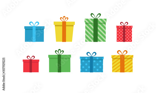 Colorful gift boxes set. Vector illustration of cute present boxes on white background. Flat design style. photo