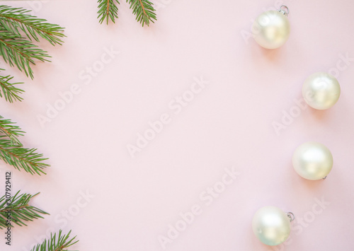 christmas background with balls and fir branches of spruce. New Year concept, flat lay, copy space, greeting card