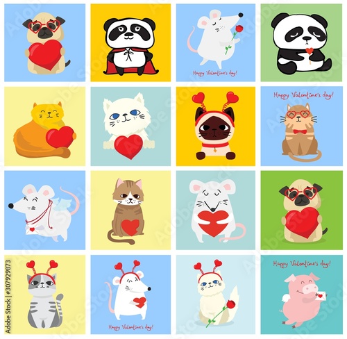Vector illustration card with cute cartoon little Valentine cats, dogs, rats in love and funny greeting text Happy Valentine's Day