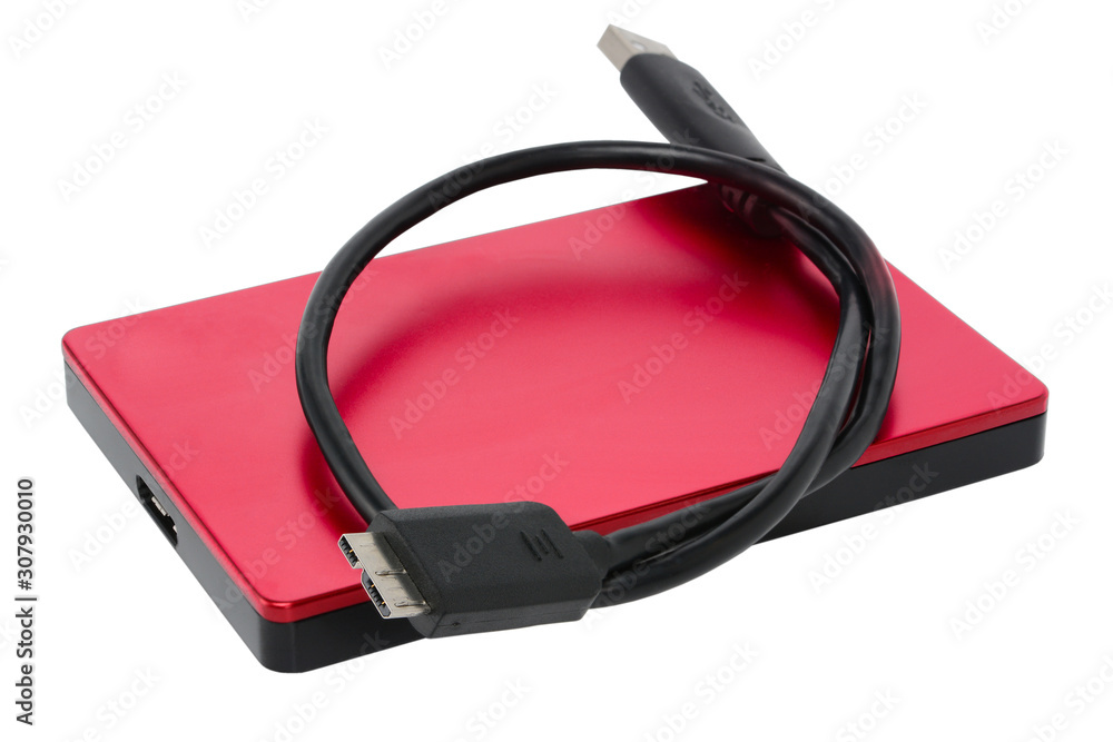 Red external hard drive disc with usb 3.0 cable. Best way of data storage on portable hdd. Close-up isolated on white surface. Red external hard drive disc with usb 3.0 cable. Best way of data storage on portable hdd. Close-up isolated on white surface.