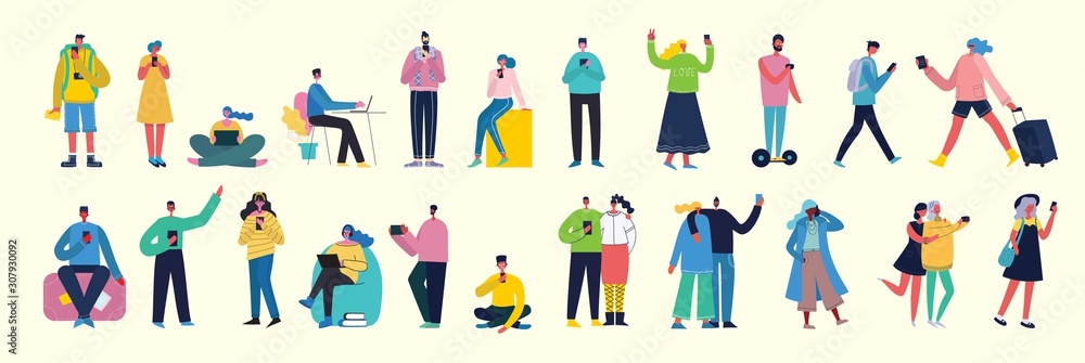 Connection background with people with laptop and smartphones. Chat, email messaging, sms, mobile concepts for web sites, web banners in modern flat design Connection background with people with laptop and smartphones. Chat, email messaging, sms, mobile concepts for web sites, web banners in modern flat design