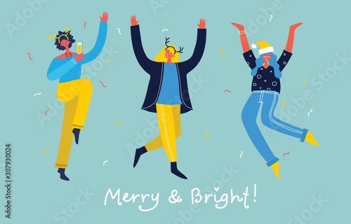 Vector cartoon illustration of Happy group of people celebrating, jumping on the Christmas and New year party.