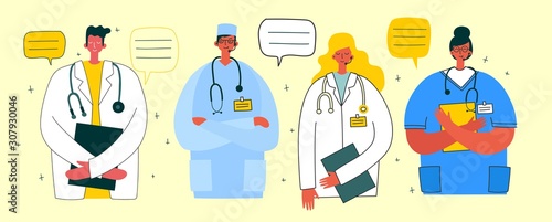 Medical company service concept. Medical modern flat vector concept digital illustration of female doctor with headset talking on the phone for a medical consultation.