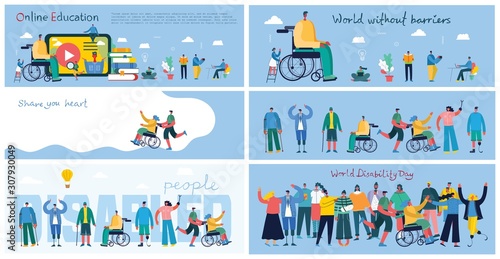 Vector background with disabled people, young handycap persons and friends near helping. World Disability Day. Flat cartoon characters.