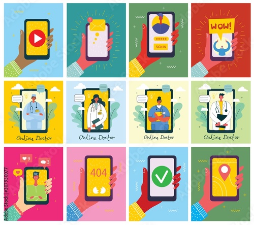 Medical online doctor company service concept. Medical modern flat vector concept digital illustration of male doctor with headset talking on the phone for a medical consultation.