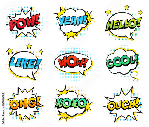 Retro comic speech bubbles set on white background. Expression text POW, YEAH, WOW, HELLO, YEAH, OMG, LIKE, COOL, OUCH. Vector illustration, pop art style.
