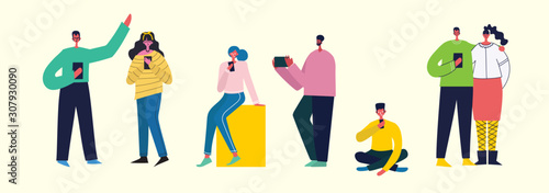 Connection background with people with laptop and smartphones. Chat, email messaging, sms, mobile concepts for web sites, web banners in modern flat design